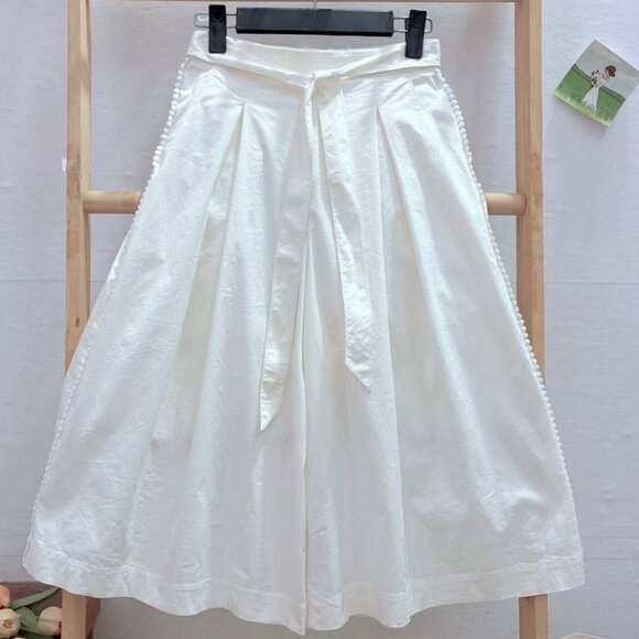 White Pleated Midi Skirt with Waist Tie - Picture 1 of 3